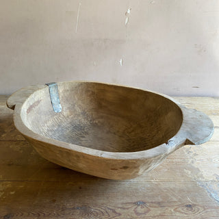 Very Large Antique French Wooden Bowl With Primitive Repairs