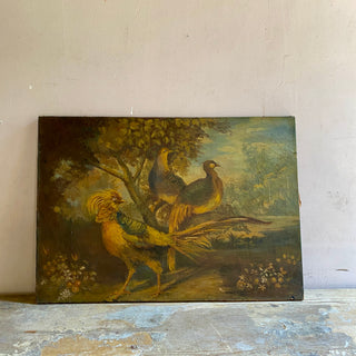 Antique French Oil On Canvas Bird Country Scene