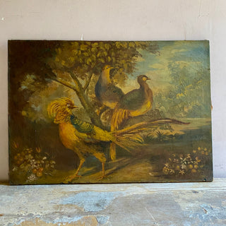 Antique French Oil On Canvas Bird Country Scene