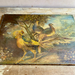 Antique French Oil On Canvas Bird Country Scene