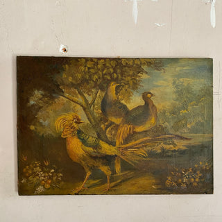 Antique French Oil On Canvas Bird Country Scene