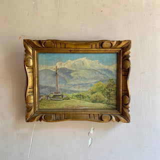 Antique French Framed Oil On Canvas Mountain Scene
