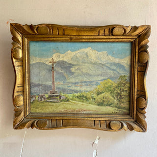 Antique French Framed Oil On Canvas Mountain Scene