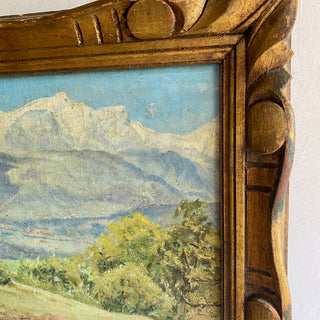 Antique French Framed Oil On Canvas Mountain Scene