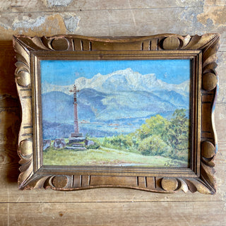 Antique French Framed Oil On Canvas Mountain Scene
