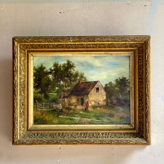 Antique French Framed Oil On Canvas Country Scene