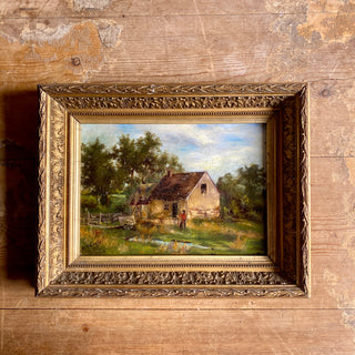 Antique French Framed Oil On Canvas Country Scene
