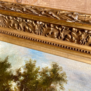 Antique French Framed Oil On Canvas Country Scene