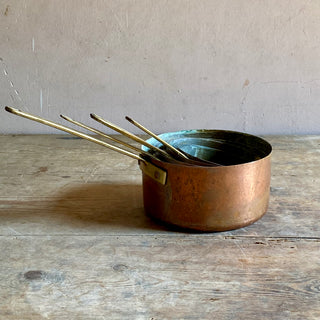 Set Of French Antique Copper Saucepans With Brass Handles