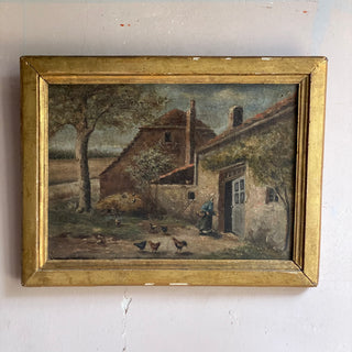 Antique French Framed Oil On Canvas Country Scene