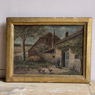 Antique French Framed Oil On Canvas Country Scene