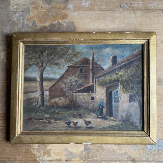 Antique French Framed Oil On Canvas Country Scene