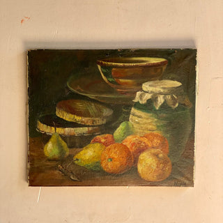 Vintage Spanish Oil On Canvas Table Fruit & Jam Scene