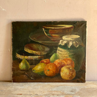 Vintage Spanish Oil On Canvas Table Fruit & Jam Scene