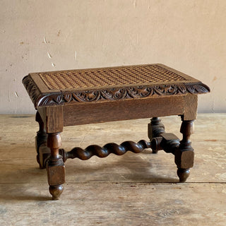 Antique French Hand Carved Stool With Rattan Seat
