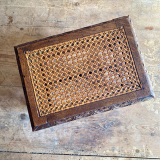 Antique French Hand Carved Stool With Rattan Seat