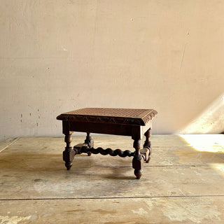 Antique French Hand Carved Stool With Rattan Seat