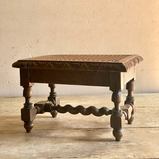 Antique French Hand Carved Stool With Rattan Seat