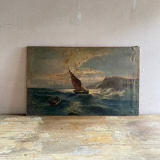 Antique French Oil On Canvas Boat At Sea