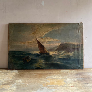 Antique French Oil On Canvas Boat At Sea