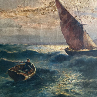 Antique French Oil On Canvas Boat At Sea