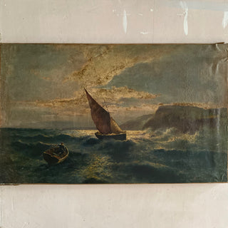 Antique French Oil On Canvas Boat At Sea