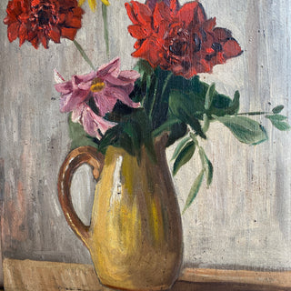 Oil On Board Depicting Flowers In A Yellow Jug