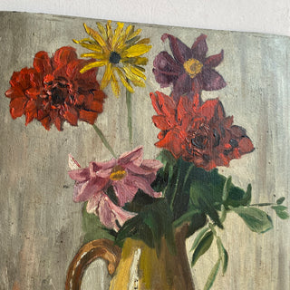Oil On Board Depicting Flowers In A Yellow Jug
