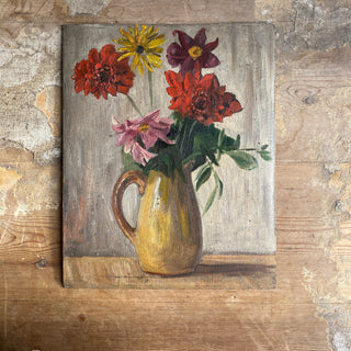 Oil On Board Depicting Flowers In A Yellow Jug