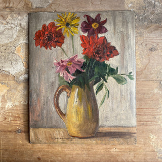 Oil On Board Depicting Flowers In A Yellow Jug