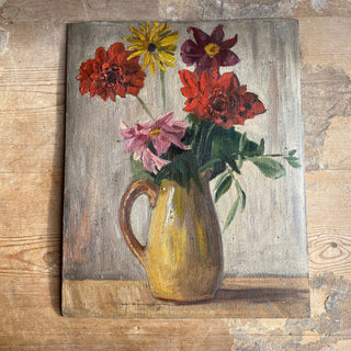 Oil On Board Depicting Flowers In A Yellow Jug